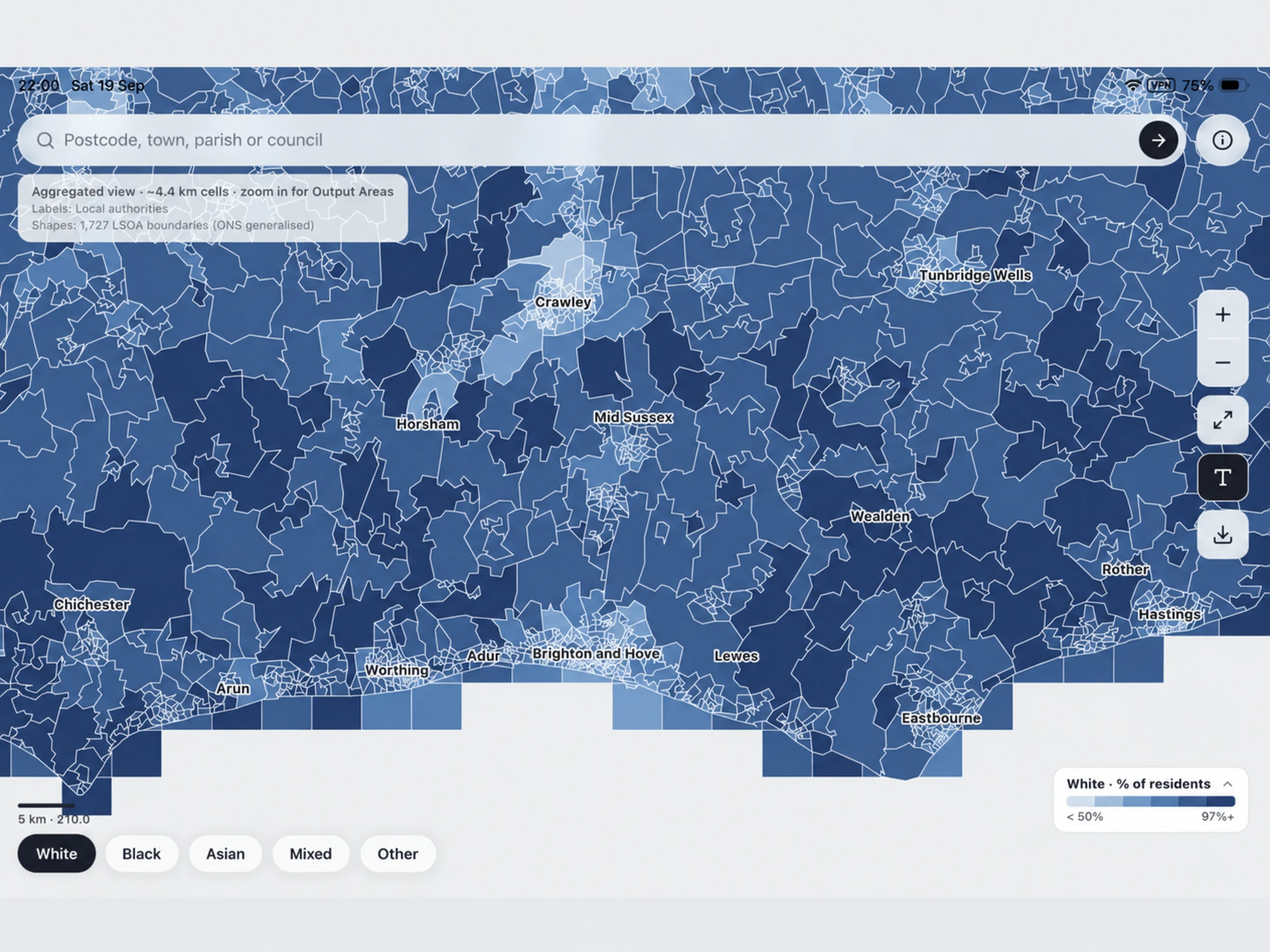 Populus on iPad showing a choropleth map of Sussex coloured by percentage of white residents, with local authority labels