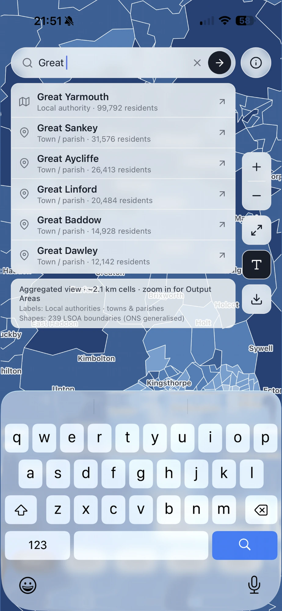 Search results for the word Great, listing Great Yarmouth, Great Sankey, Great Aycliffe and other places with resident counts