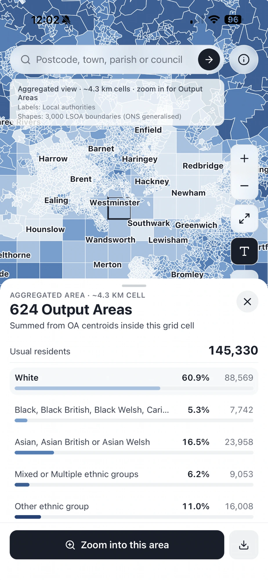 Map of Greater London showing aggregated grid cells and LSOA boundaries coloured by percentage of white residents